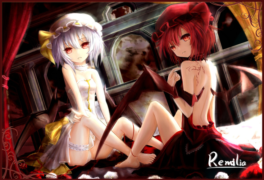 2girls alternate_color back backless_outfit bare_legs bare_shoulders barefoot bat_wings bridal_garter character_name chinese_commentary choker commentary_request dual_persona flower hat looking_at_viewer looking_back multiple_girls panties purple_hair red_eyes red_hair remilia_scarlet rose shirt short_hair sitting skirt skirt_set touhou underwear wangchuan_de_quanyan wings