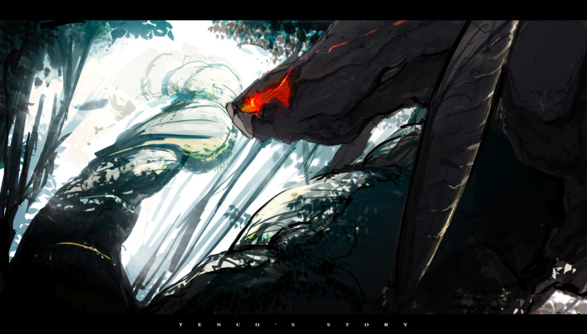 commentary_request forest from_below highres letterboxed monster monster_hunter_(series) nargacuga nature no_humans siirakannu tenco's_story touhou tree