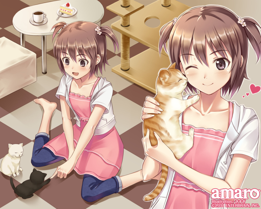 :d ;) animal animal_hug barefoot black_cat blush brown_eyes brown_hair cake casual checkered_floor coffee collarbone feline female flower food hair_flower hair_ornament heart hood hood_down hoodie indoors kisugi_akira multiple_views one_eye_closed open_clothes open_hoodie open_mouth original pants pants_rolled_up short_hair short_twintails smile table twintails two_side_up