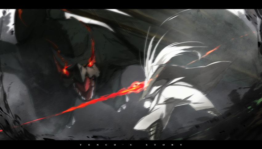 1boy battle beak claws commentary_request fangs fisheye glowing glowing_eyes highres letterboxed monster monster_hunter_(series) nargacuga open_mouth siirakannu sword tenco's_story touhou weapon white_hair