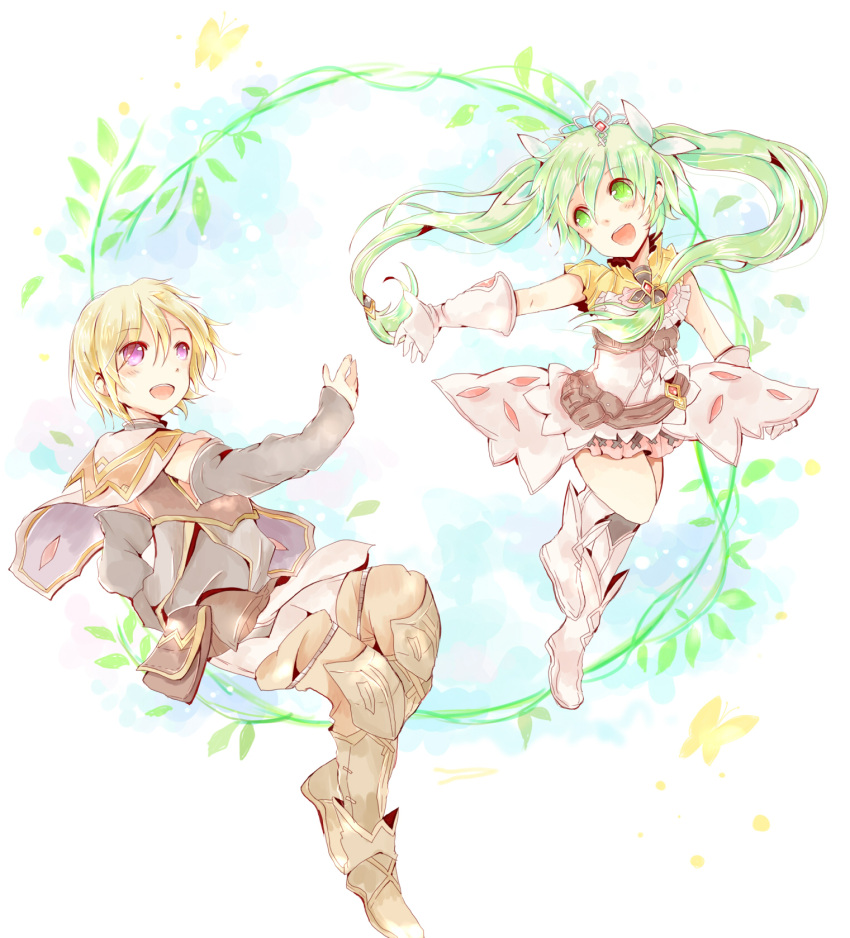 1boy :d blonde_hair commentary_request female frey_(rune_factory) gloves green_eyes green_hair highres lest_(rune_factory) long_hair open_mouth purple_eyes rune_factory rune_factory_4 smile twintails xxxx_saki