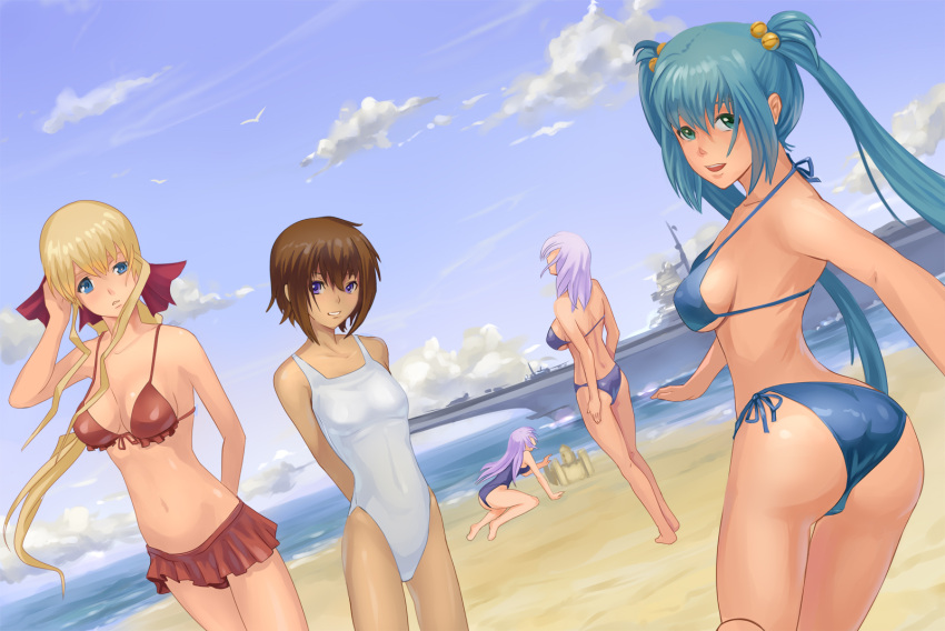 5girls aircraft_carrier ass beach bikini bikini_skirt blonde_hair blue_eyes breasts brown_hair cleavage cloud commentary_request cryska_barchenowa cui_yifei day front-tie_top green_eyes green_hair highres ilfriede_von_feulner inia_sestina long_hair looking_back medium_breasts military military_vehicle multiple_girls muv-luv muv-luv_alternative muv-luv_total_eclipse naoki_yukira navel one-piece_swimsuit outdoors parted_lips purple_hair sand_castle sand_sculpture shiny_skin ship short_hair side-tie_bikini_bottom sideboob sky small_breasts smile standing swimsuit tarisa_manandal twintails warship watercraft