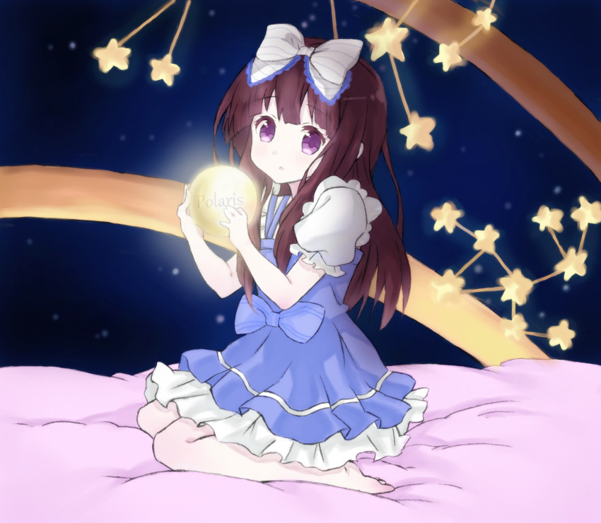 ame_shiori bad_id bad_pixiv_id bow brown_hair chitanda_eru cosplay feet female hairbow highres hyouka kneeling long_hair looking_at_viewer madoromi_no_yakusoku open_mouth purple_eyes solo star_sapphire star_sapphire_(cosplay) touhou