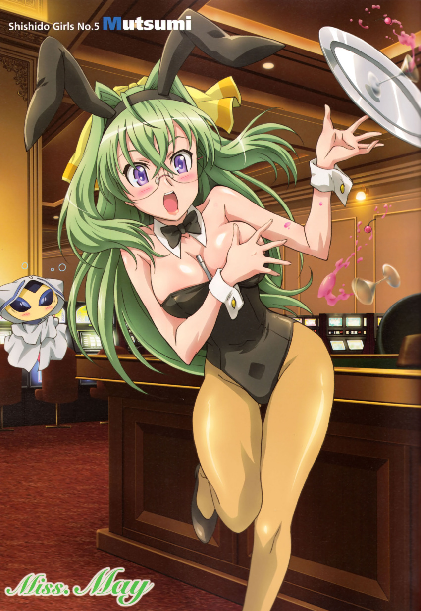 absurdres animal_ears between_breasts blush breasts bunny_ears bunnysuit casino cleavage glasses green_hair highres kannagi_itsuki lighter long_hair pantyhose purple_eyes shimoyama_mutsumi soldier_ul sora_wo_kakeru_shoujo spill tray