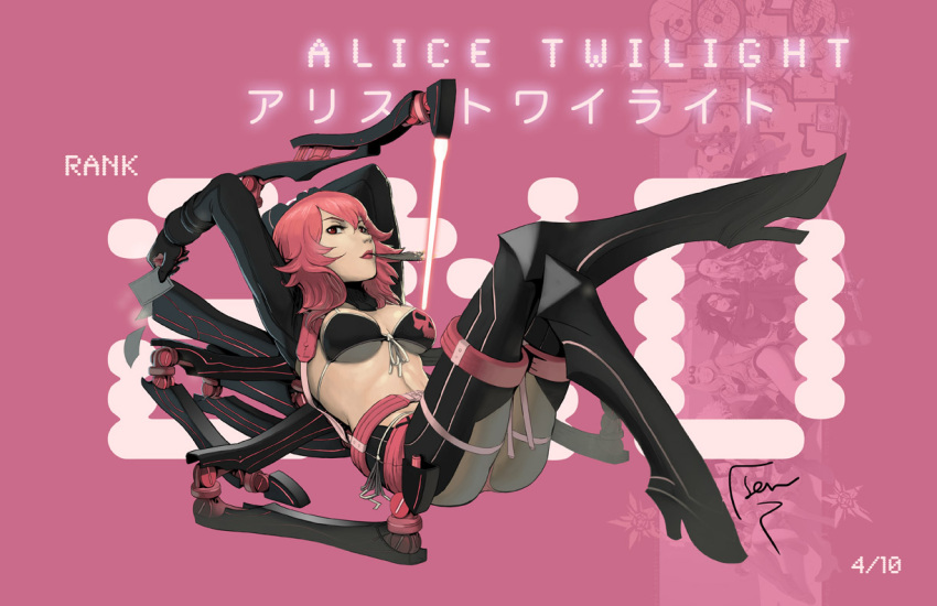 alice_twilight bikini bikini_top_only black_bikini breasts commentary_request crossed_legs david_semsei energy_sword female gloves high_heels legs lips long_legs lying medium_breasts no_more_heroes no_more_heroes_2 photoshop_(medium) pink_eyes pink_hair shoes short_hair sitting skull solo swimsuit sword thighs underboob wavy_hair weapon