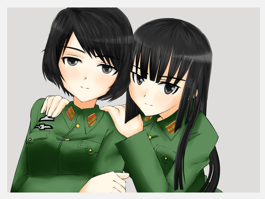 2girls anabuki_tomoko black_eyes black_hair commentary_request highres katou_takeko looking_at_viewer military military_uniform multiple_girls niki_(t26gfaxt) simple_background smile strike_witches:_suomus_misfits_squadron strike_witches_zero uniform world_witches_series