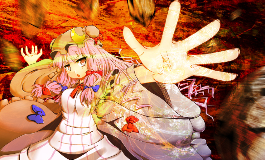 bad_id bad_pixiv_id female hat highres long_hair open_mouth outstretched_arm patchouli_knowledge photoshop_(medium) purple_hair red_eyes shiina_excel solo spell_card touhou