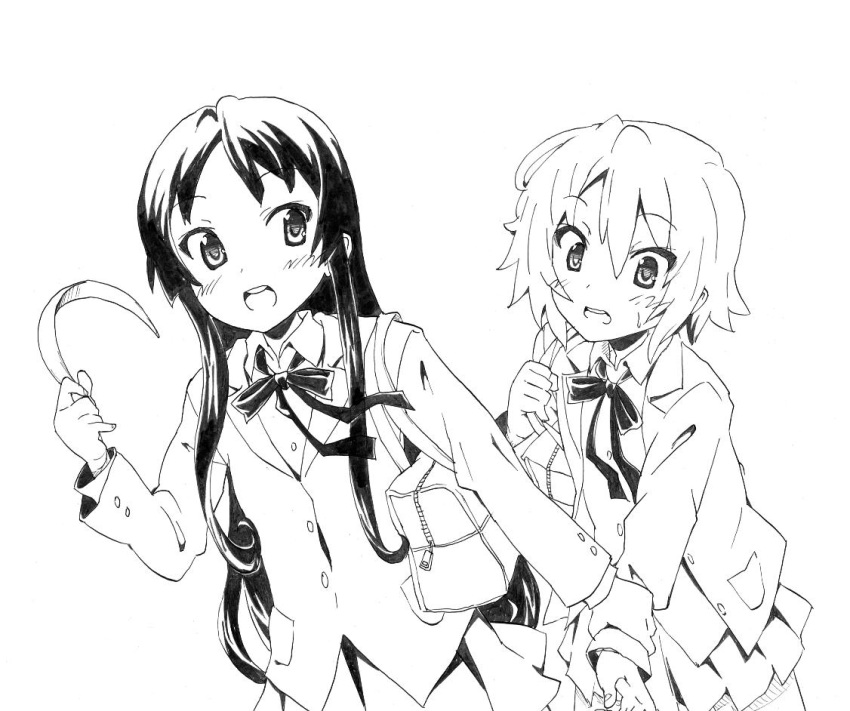 2girls akiyama_mio blush commentary_request greyscale hair_down hairband k-on! long_hair monochrome multiple_girls nome_(nnoommee) sakuragaoka_high_school_uniform school_uniform short_hair simple_background tainaka_ritsu traditional_media uniform unworn_hairband unworn_headwear white_background