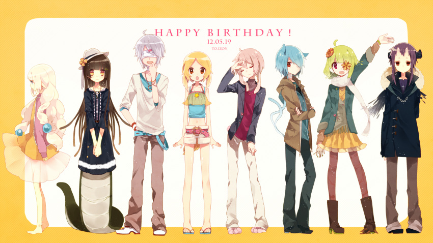 1boy 6+girls :d :o animal_ears bad_id bad_pixiv_id bandages bangle barefoot belt blonde_hair blue_eyes boots bracelet brown_eyes brown_hair cat_ears cat_tail closed_eyes commentary_request covered_eyes cross cross_necklace crossed_arms dated diagonal_stripes dress flower green_hair grey_hair hair_flower hair_ornament hair_over_one_eye happy_birthday hat heart highres jewelry lineup long_hair manio monster_girl multiple_girls multiple_tails navel necklace open_mouth original pantyhose pointy_ears purple_hair red_eyes sandals shorts skirt smile star_(symbol) striped tail v_arms white_hair