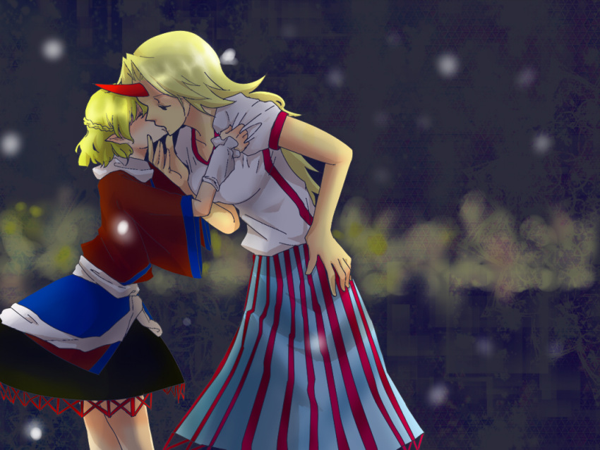 2girls 80yakky blonde_hair closed_eyes clothes_grab commentary_request couple grabbing_another's_chin hand_on_another's_chin horns hoshiguma_yuugi kissing long_skirt mizuhashi_parsee multiple_girls pointy_ears shirt single_horn skirt snowing standing t-shirt touhou yuri