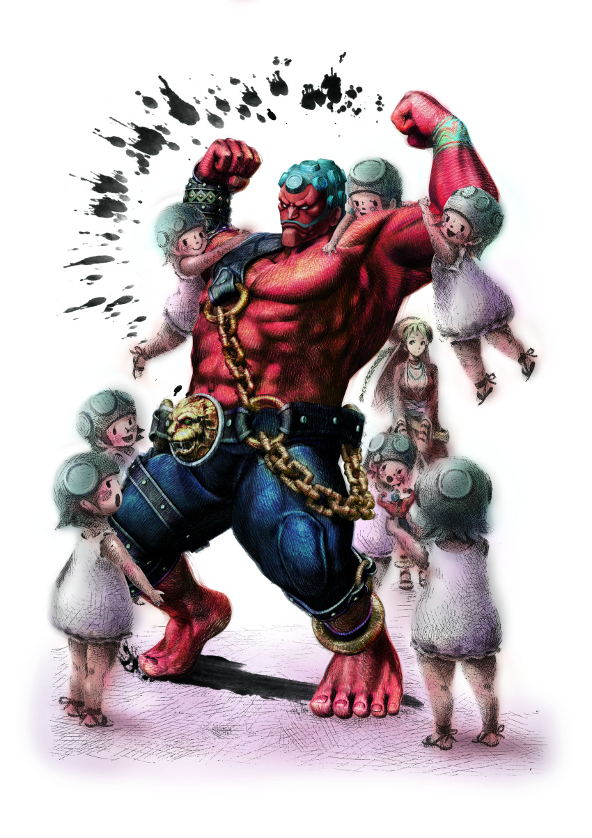 absurdres age_difference blue_hair capcom family father_and_daughter hakan hakan's_daughter hakan's_daughters hakan's_wife highres ikeno_daigo lolicon manly muscle official_art red_skin size_difference street_fighter street_fighter_iv