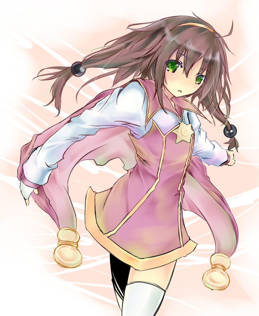 brown_hair cape coat commentary_request expressionless female green_eyes hairband highres lilka_eleniak long_hair low-tied_long_hair mag_(giraffe009) no_nose skirt solo thighhighs twintails white_thighhighs wild_arms wild_arms_2 zettai_ryouiki