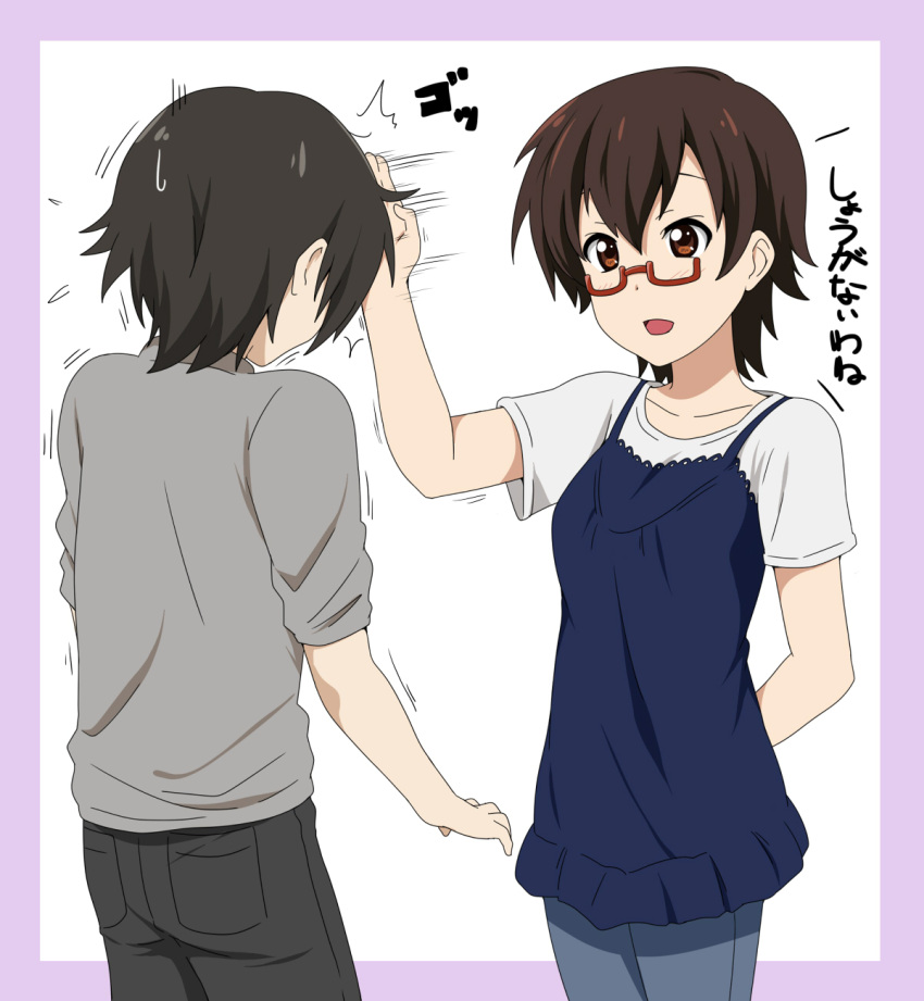 1boy brown_eyes brown_hair camisole casual chop commentary_request female glasses highres hitting ikari_manatsu k-on! manabe_nodoka shirt short_hair standing t-shirt