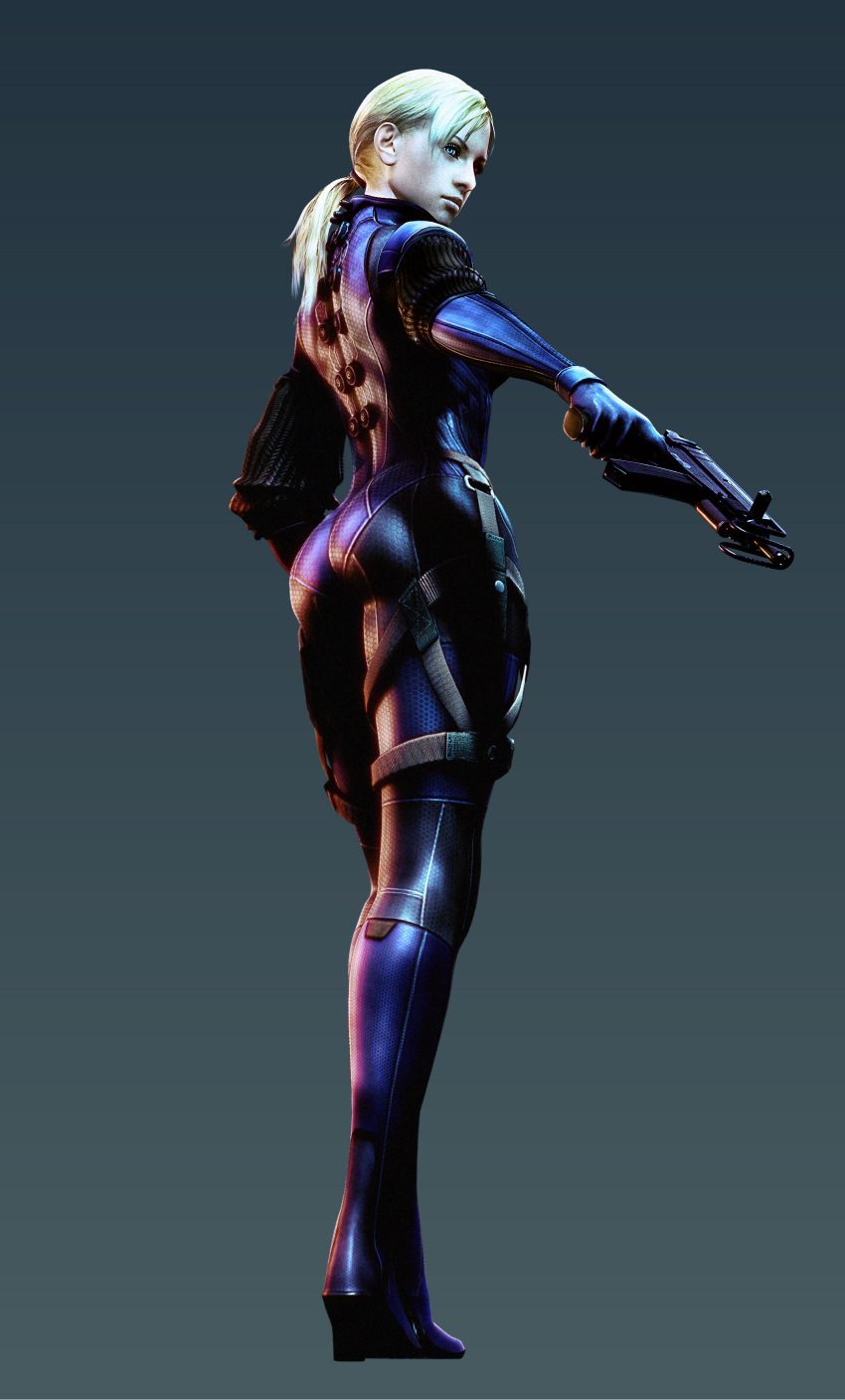 3d absurdres ass blonde_hair blue_eyes bodysuit capcom female full_body gradient gradient_background gun highres jill_valentine looking_back official_art ponytail resident_evil resident_evil_5 shiny shiny_clothes simple_background skin_tight skorpion_vz._61 solo submachine_gun weapon