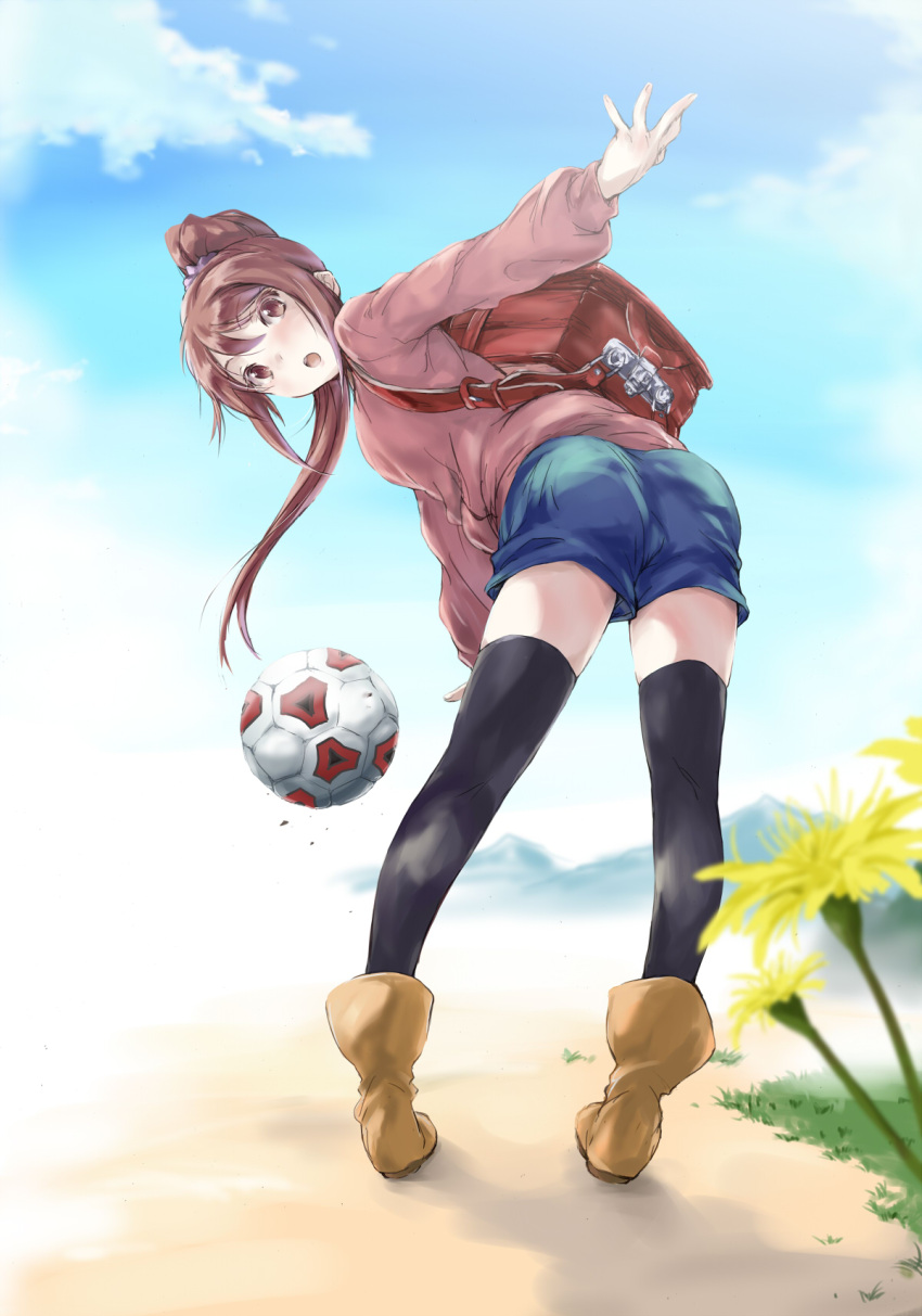 :o ass backpack bad_id bad_pixiv_id bag ball blue_shorts brown_eyes brown_hair dandelion female flower full_body ginga_e_kickoff!! hands highres long_hair matsukura_nemu outdoors ponytail randoseru shorts soccer_ball solo takatoo_erika thighhighs