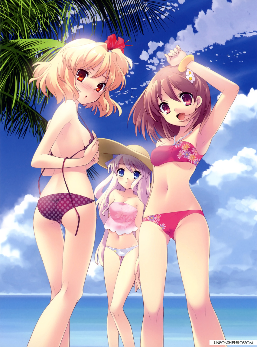 3girls :o absurdres arm_up armpits ass bandeau bare_shoulders bikini blonde_hair blue_eyes blue_sky blush bracelet breasts brown_hair cleavage cloud covering_breasts covering_privates criss-cross_halter day floral_print flower flyable_heart hair_flower hair_ornament halterneck hat hibiscus highres inaba_yui ito_noizi jewelry looking_at_viewer looking_back medium_breasts midriff minase_sakurako multiple_girls navel open_mouth outdoors panties photoshop_(medium) pink_hair polka_dot polka_dot_bikini polka_dot_swimsuit red_eyes see-through short_hair side-tie_panties sideboob sky small_breasts smile strap_gap sumeragi_amane_(flyable_heart) swimsuit tankini thigh_gap underwear untied_bikini wardrobe_malfunction yellow_eyes