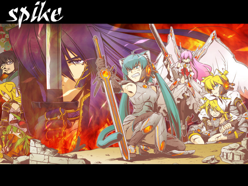 3boys 5girls alternate_costume animal_ears armor boots cat_ears clenched_teeth commentary_request elbow_gloves glasses gloves goggles green_hair gumi hatsune_miku highres hiyama_kiyoteru holding_hands injury kagamine_len kagamine_rin kamui_gakupo katana kunai letterboxed lily_(vocaloid) mask megurine_luka multiple_boys multiple_girls nekomura_otako sword tail teeth thigh_boots thighhighs vocaloid weapon wings