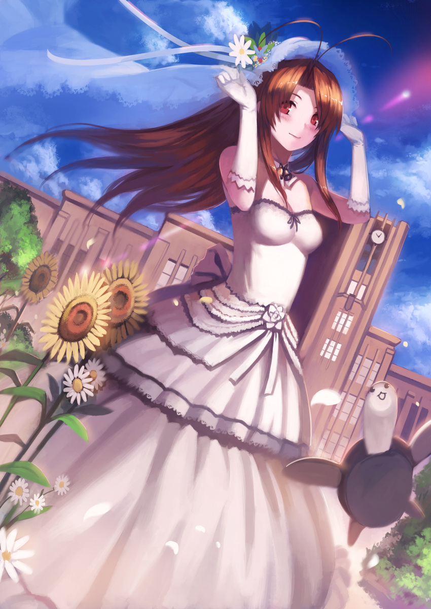 absurdres antenna_hair bad_id bad_pixiv_id bare_shoulders blush brown_hair building dress female flower gloves highres long_hair love_hina narusegawa_naru photoshop_(medium) red_eyes smile solo sunflower veil wedding_dress white_gloves yykuaixian