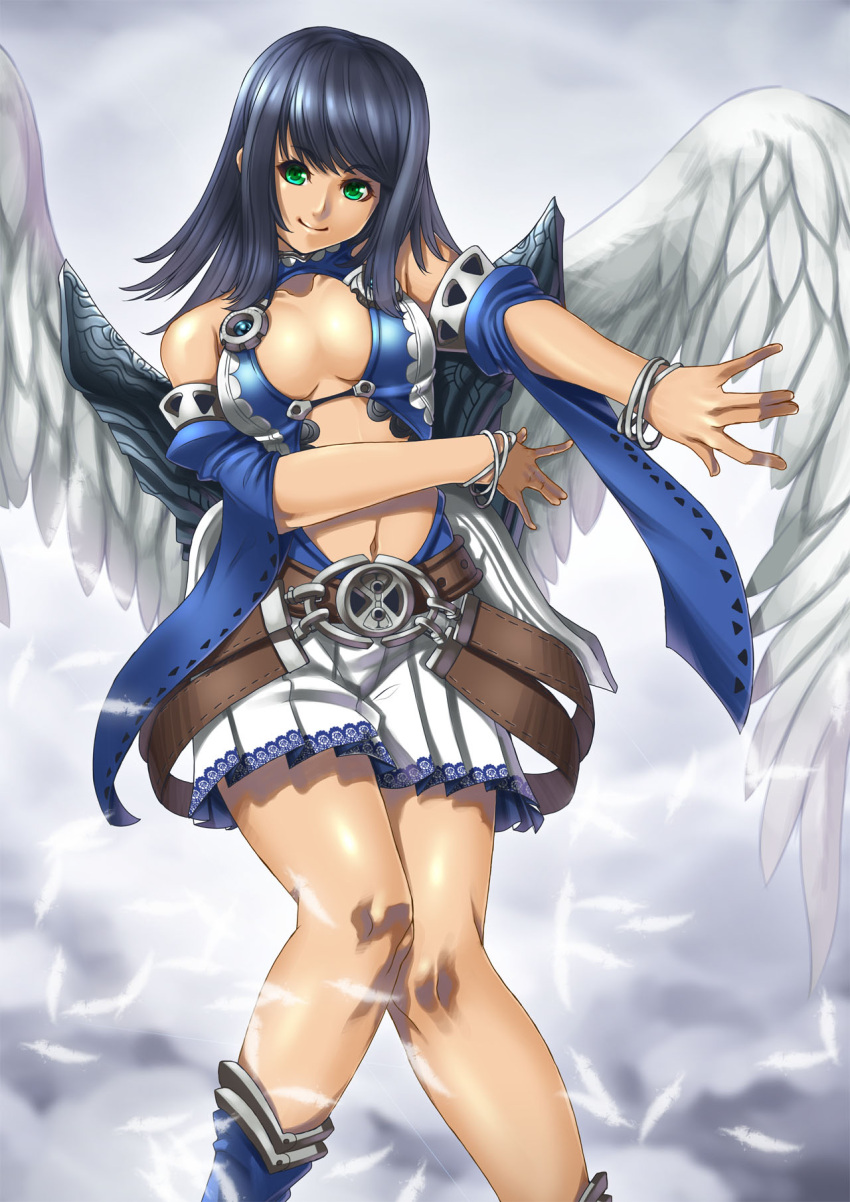 angel black_hair bracelet breasts center_opening commentary_request elysion female green_eyes highres jewelry large_breasts long_hair navel original paintedmike photoshop_(medium) skirt smile solo wings