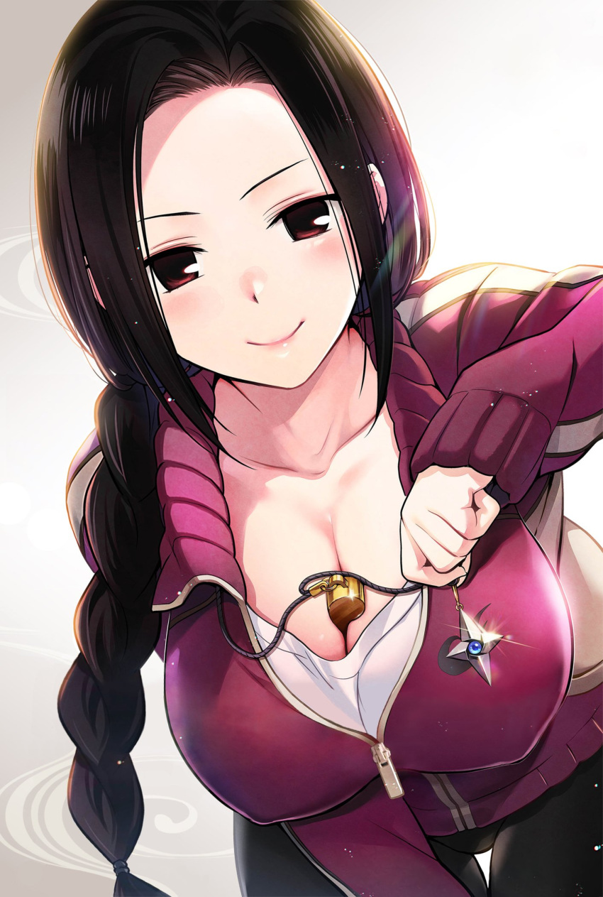 ayakashi_triangle black_hair braid braided_ponytail breasts cleaned cleavage commentary derivative_work english_commentary female gradient_background happy highres kazamaki_matoi large_breasts long_hair looking_at_viewer momocchi18 official_art red_eyes smile solo sportswear standing whistle yabuki_kentarou