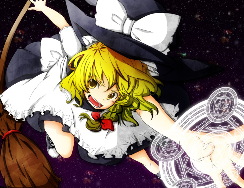 bad_id bad_pixiv_id blonde_hair broom colorized female foreshortening grin hat hexagram kirisame_marisa ko->u magic_circle open_mouth outstretched_arm outstretched_hand popokabi sky smile solo star_(sky) star_(symbol) starry_sky touhou witch_hat yellow_eyes