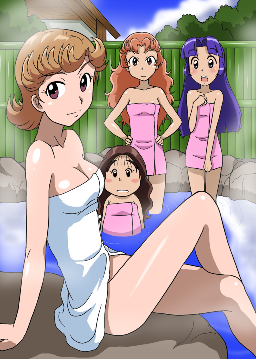 4girls bath bathing black_eyes blue_eyes blue_hair brown_eyes brown_hair commentary_request highres multiple_girls naked_towel onsen rakudai_ninja_rantarou same-sex_bathing shared_bathing shige_(rakudai_ninja_rantarou) takaya_n tomomi_(rakudai_ninja_rantarou) towel yamamoto_shina yuki_(rakudai_ninja_rantarou)