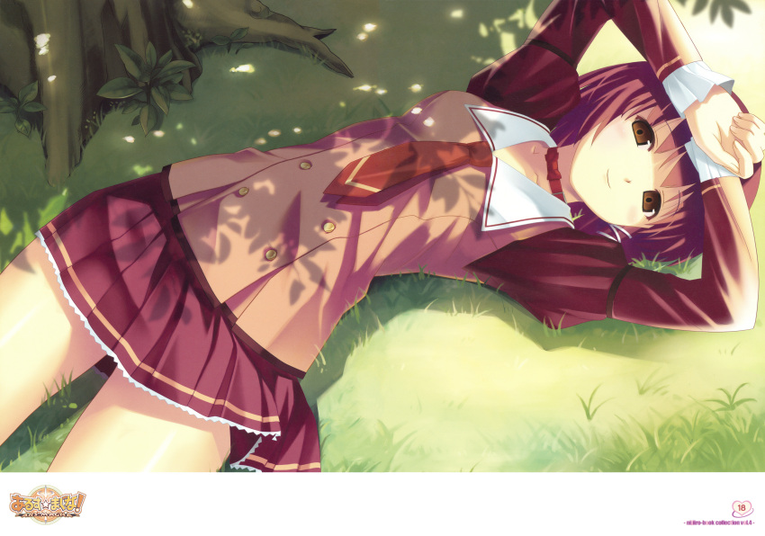 absurdres ars_magna brown_eyes choker female grass highres koutaro lying mizusawa_noel necktie on_back photoshop_(medium) red_hair school_uniform short_hair skirt smile solo tree under_tree