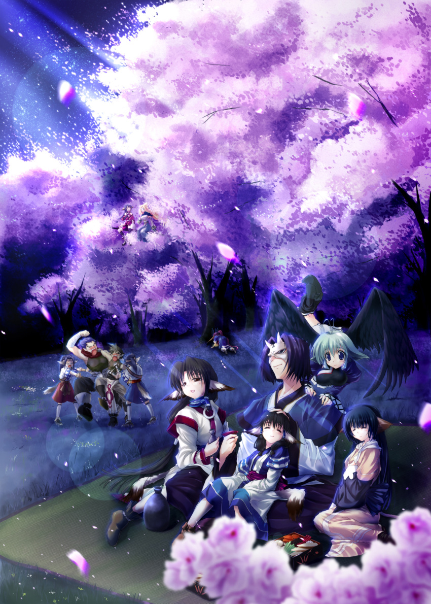 5boys 6+girls alcohol animal_ears aruruu bad_id bad_pixiv_id bento brothers camyu cherry_blossoms dorry_(utawarerumono) eruruu guraa hakuowlo head_wings highres karulau kochipu kurou_(utawarerumono) long_hair multiple_boys multiple_girls nature night oboro_(utawarerumono) photoshop_(medium) ponytail purple_hair sake siblings touka_(utawarerumono) twins ulthury utawarerumono wings yuzuha_(utawarerumono)