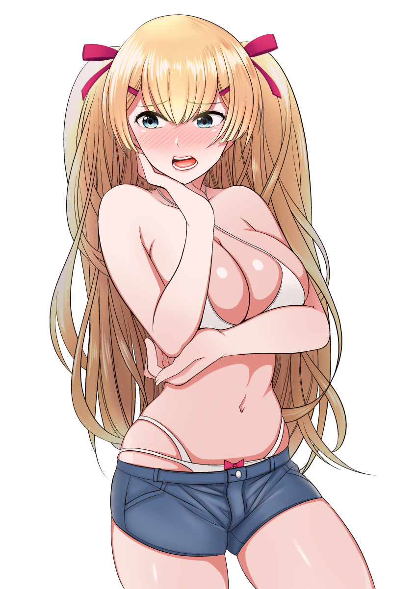 absurdres alternate_costume azur_lane bad_id bad_pixiv_id bare_shoulders bikini blonde_hair blue_eyes blush breast_hold breasts cleavage cowboy_shot criss-cross_halter denim denim_shorts embarrassed female hair_ribbon halterneck head_rest highres kanatayama large_breasts lips long_hair looking_away midriff navel official_alternate_costume open_mouth ribbon short_shorts shorts simple_background skindentation solo sussex_(azur_lane) sussex_(sunlit_tulips)_(azur_lane) swimsuit teeth twintails white_background white_bikini