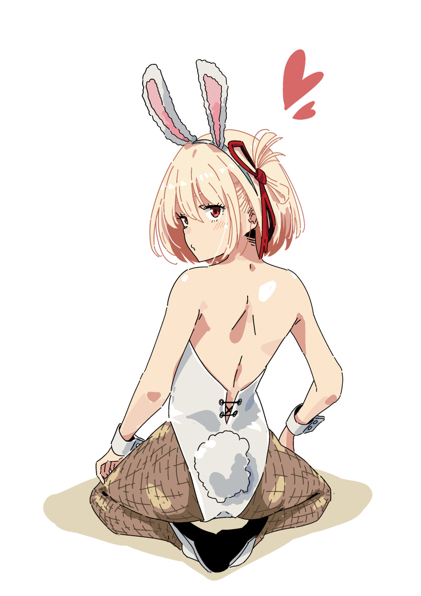 absurdres animal_ears bare_back blonde_hair female fishnet_pantyhose fishnets hair_ribbon highres looking_at_viewer looking_back lycoris_recoil misskiwi nishikigi_chisato pantyhose playboy_bunny rabbit_ears rabbit_tail red_eyes red_ribbon ribbon short_hair solo tail wrist_cuffs