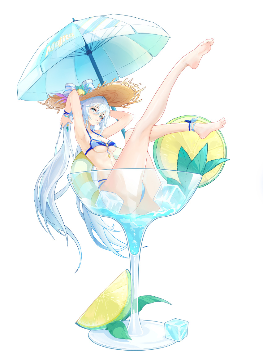 absurdres armpits arms_up ass bare_legs bare_shoulders barefoot bikini blue_bikini blue_eyes breasts bupa_chila cocktail_glass cup drinking_glass female food fruit grin halterneck hat highres ice ice_cube in_container in_cup legs_up lime_(fruit) lime_slice long_hair looking_at_viewer medium_breasts multi-strapped_bikini original skindentation smile solo straw_hat string_bikini swimsuit thighs twintails umbrella underboob very_long_hair white_hair wristband