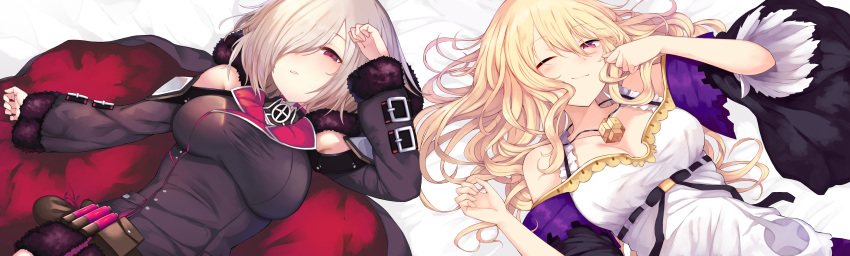 2girls absurdres bare_shoulders blonde_hair blush breasts cape choker clothing_cutout dorothy_(shingeki_no_bahamut) fur_trim hair_between_eyes hair_over_one_eye highres hood hoodie jewelry large_breasts long_hair long_sleeves looking_at_viewer lying multiple_girls necklace on_back parted_lips purple_eyes red_eyes shadowverse shingeki_no_bahamut short_hair shoulder_cutout smile taut_clothes white_hair wide_sleeves wizardess_of_oz yamato_(muchuu_paradigm)