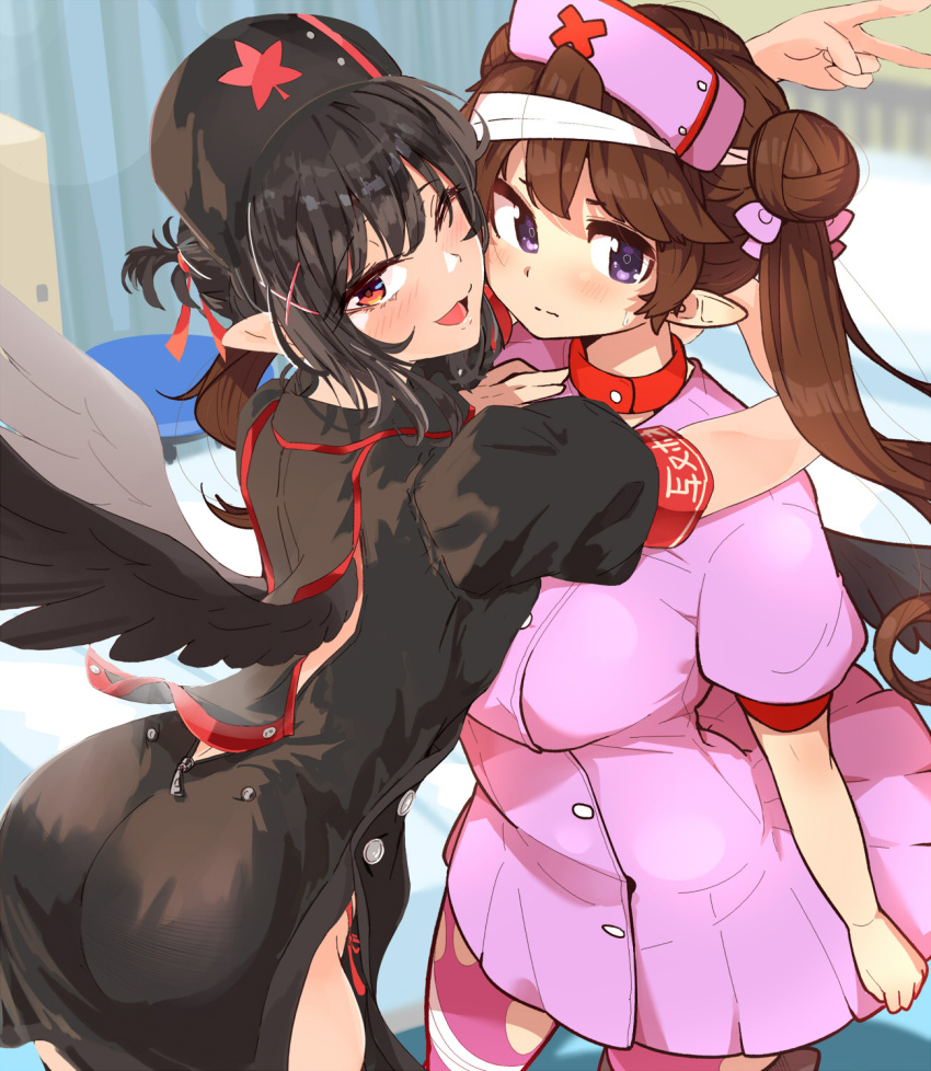 2girls alternate_costume black_dress black_hair brown_hair collaboration dress hat highres himekaidou_hatate himekaidou_hatate_(death_sign_nurse) himeshita_johnny_mafuyu hug kagami_toufu multiple_girls nurse nurse_cap open_mouth pink_dress pointy_ears purple_eyes red_eyes shameimaru_aya shameimaru_aya_(death_bringer_nurse) touhou touhou_lostword