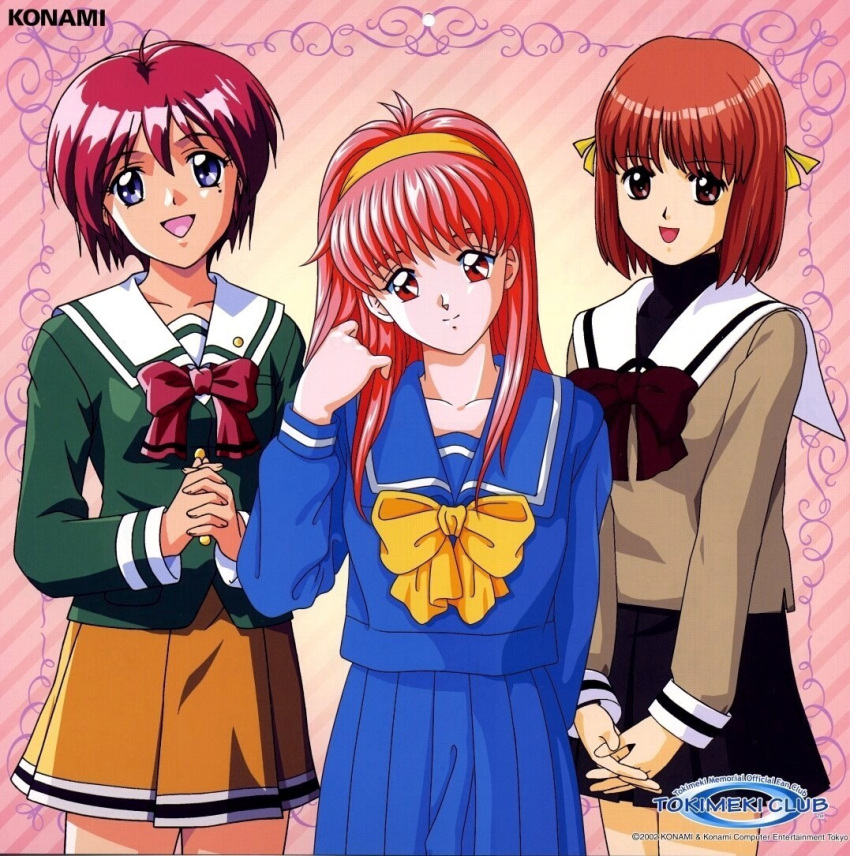 1990s_(style) 2002 3girls adjusting_hair blue_eyes blue_sailor_collar bow fujisaki_shiori green_shirt hairband hibikino_high_school_uniform hinomoto_hikari in-franchise_crossover kirameki_high_school_uniform kokura_masashi long_hair makihara_yukiko mole mole_under_eye multiple_girls official_art orange_skirt own_hands_clasped own_hands_together pink_hair red_eyes red_hair retro_artstyle sailor_collar scan school_uniform serafuku shirt short_hair skirt tokimeki_memorial tokimeki_memorial_1 tokimeki_memorial_2 tokimeki_memorial_3 white_sailor_collar yellow_bow