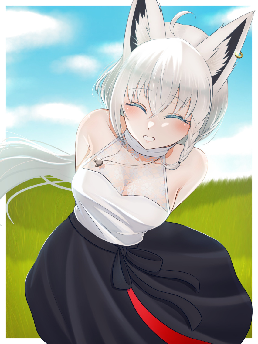 absurdres ahoge animal_ear_fluff animal_ears arms_behind_back black_skirt blush braid breasts cleavage closed_eyes cloud cloudy_sky commentary_request cosplay earrings facing_viewer female fox_ears fox_girl grass hair_between_eyes halter_shirt halterneck highres hololive jewelry long_hair long_skirt medium_breasts necklace ookami_mio ookami_mio_(cosplay) ookami_mio_(street) raguna1115 shirakami_fubuki shirt sidelocks single_braid skirt sky sleeveless sleeveless_shirt smile solo teeth virtual_youtuber white_hair white_shirt