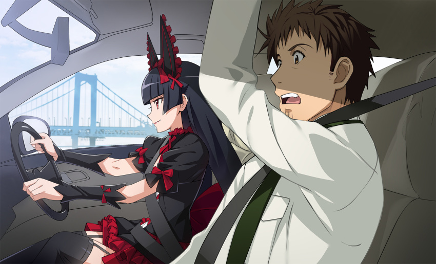 1boy black_dress black_hair black_thighhighs bow bridge brown_eyes car_interior commentary_request detached_sleeves dress driving facial_hair female frills garter_straps gate_-_jieitai_ka_no_chi_nite_kaku_tatakaeri gothic_lolita hairbow highres hime_cut itami_youji lolita_fashion necktie nyoro_(nyoronyoro000) official_style open_mouth photoshop_(medium) puffy_sleeves red_eyes rory_mercury smile teeth thighhighs