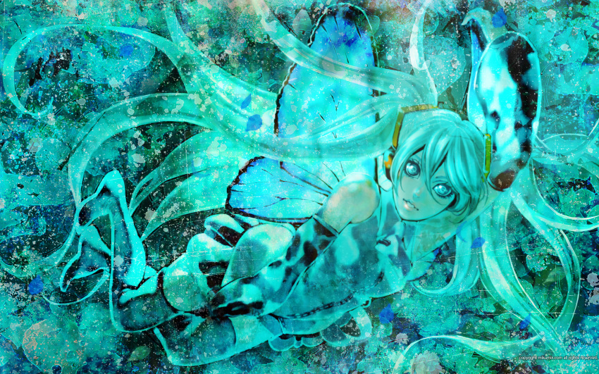 aqua_eyes aqua_hair blue_wings butterfly_wings detached_sleeves female hatsune_miku highres himemiko insect_wings long_hair mikumix necktie photoshop_(medium) skirt smile solo thighhighs twintails very_long_hair vocaloid wings zettai_ryouiki