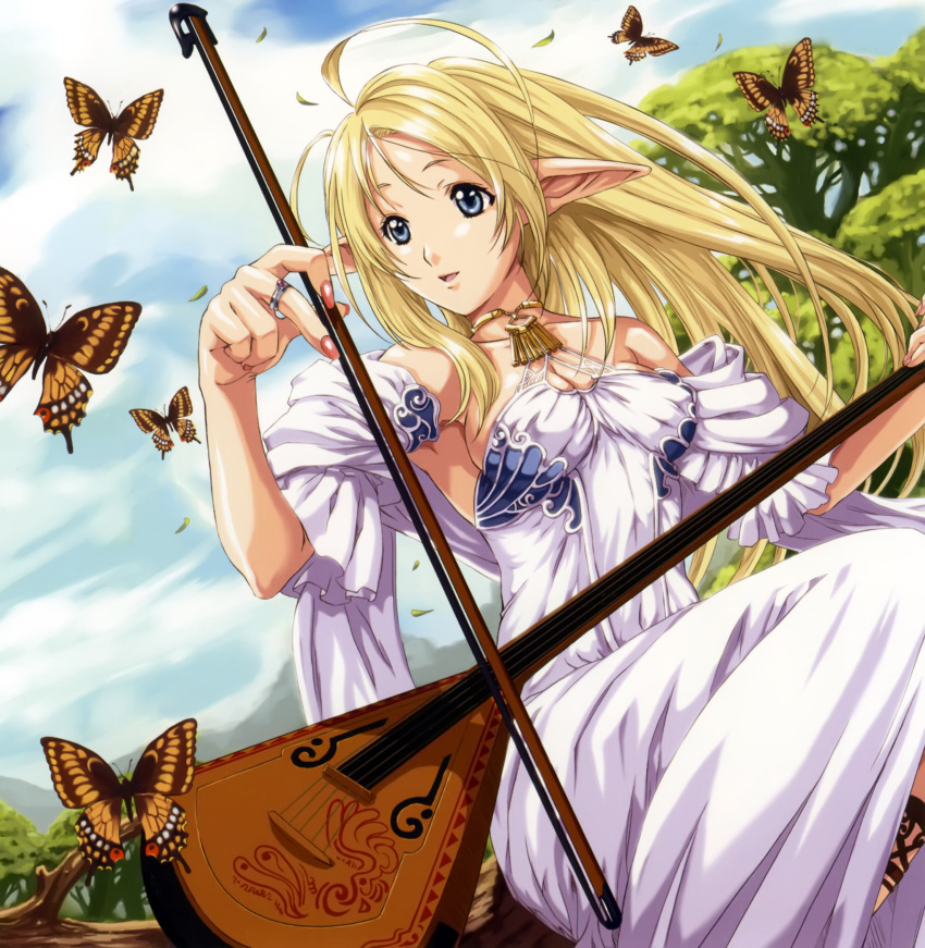 absurdres balalaika_(instrument) bare_shoulders blonde_hair blue_eyes bug butterfly copyright_request dress eiwa elf female fingernails highres instrument long_hair nail_polish photoshop_(medium) pink_nails pointy_ears smile solo white_dress