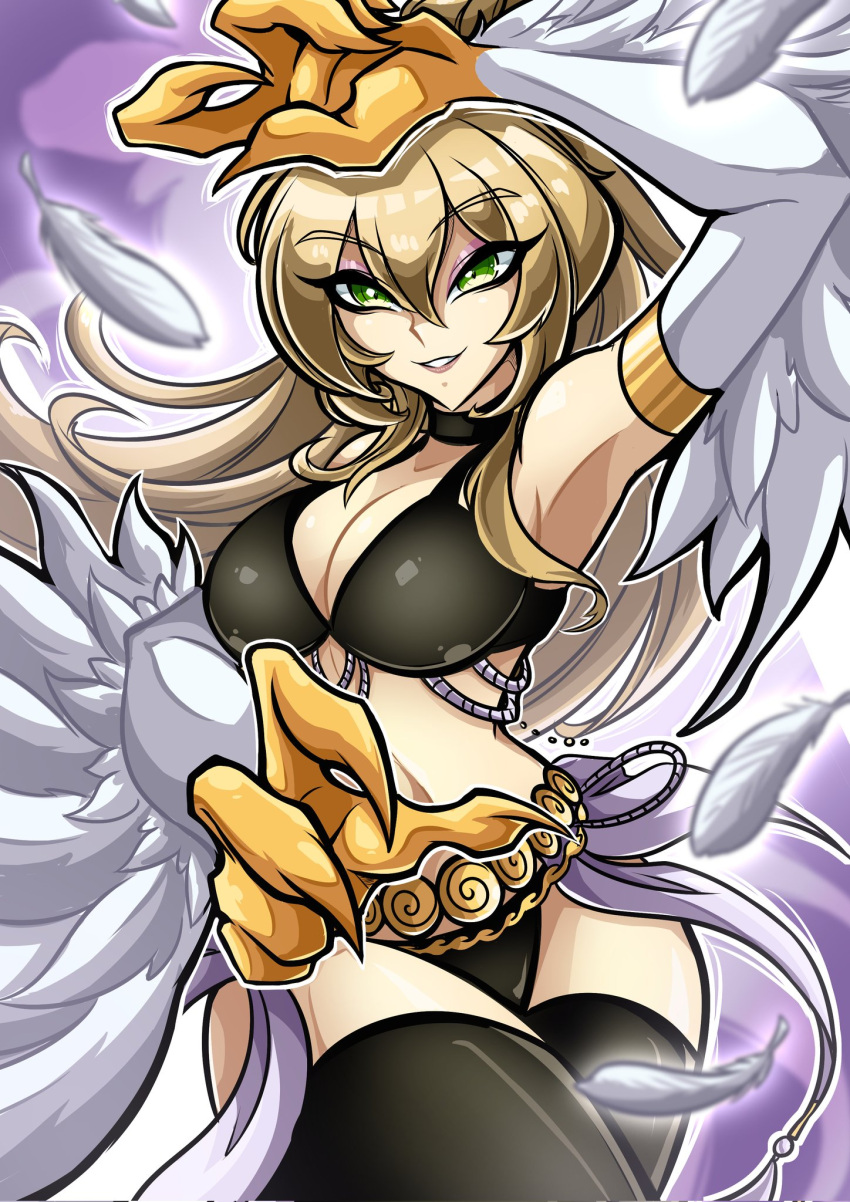 animal_hands bikini black_bikini black_choker black_thighhighs breasts brown_hair choker cleavage duel_monster feathered_wings feathers female green_eyes harpie_dancer highres krausarts long_hair looking_back navel solo swimsuit talons thighhighs white_feathers white_wings winged_arms wings yu-gi-oh!