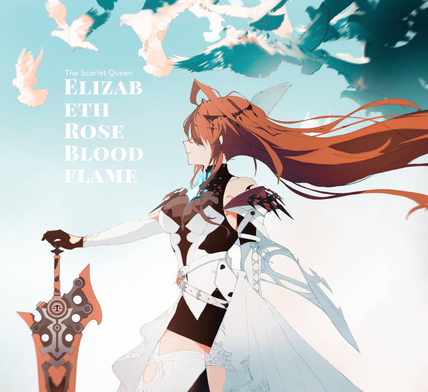 ahoge alternate_breast_size bare_arms bare_shoulders blue_fire breasts detached_sleeves dress elizabeth_rose_bloodflame female fire floating_hair greatsword highres hololive hololive_english huge_ahoge huge_weapon long_hair medium_breasts potatochi001 red_hair solo sword thorn_(elizabeth_rose_bloodflame) very_long_hair virtual_youtuber weapon white_dress