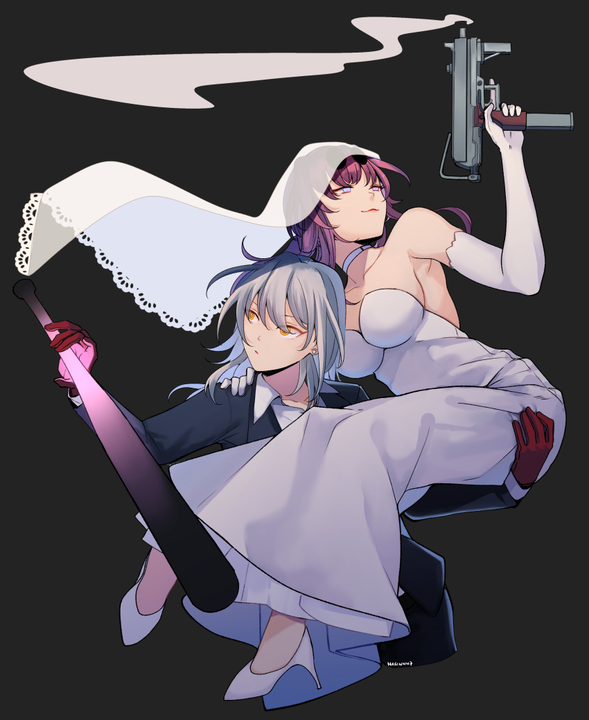 2girls absurdres bridal_veil choker dress elbow_gloves gloves grey_hair gun high_heels highres hinagi_(fox_priest) holding holding_gun holding_weapon honkai:_star_rail honkai_(series) kafka_(honkai:_star_rail) long_hair multiple_girls purple_eyes purple_hair simple_background stelle_(honkai:_star_rail) strapless strapless_dress submachine_gun trailblazer_(honkai:_star_rail) veil weapon white_choker white_dress white_footwear white_gloves wife_and_wife yellow_eyes