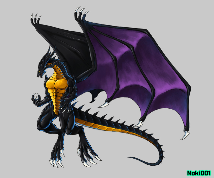 absurd_res ambiguous_gender anthro bahamut big_claws big_feet black_body claws dragon feet final_fantasy final_fantasy_vii grey_background hi_res horn long_neck long_tail mid_air muscular mythological_creature mythological_scalie mythology noki001 open_mouth purple_wings scalie simple_background solo spikes square_enix tail wings