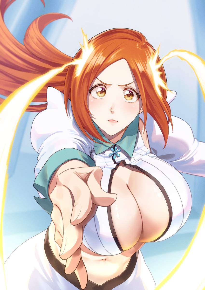 46take_e absurdres bleach bleach:_sennen_kessen-hen blush breasts brown_eyes casting_spell cleavage cleavage_cutout clothing_cutout collar female forehead highres huge_breasts inoue_orihime lips long_hair midriff navel orange_hair pointing reaching reaching_towards_viewer