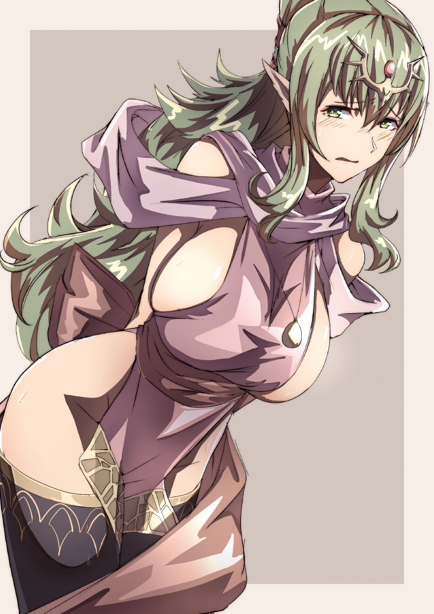 absurdres arms_behind_back black_thighhighs blush breasts cosplay dress female fire_emblem fire_emblem:_mystery_of_the_emblem fire_emblem_awakening fire_emblem_heroes green_eyes green_hair highres large_breasts long_hair official_alternate_costume pelvic_curtain pink_dress pointy_ears ponytail revealing_clothes short_dress sideboob sidelocks solo sweatdrop thighhighs thighs tiki_(adult)_(fated_divinity)_(fire_emblem) tiki_(adult)_(fire_emblem) tiki_(fire_emblem) tiki_(young)_(fire_emblem) tiki_(young)_(fire_emblem)_(cosplay) to_(tototo_tk) undersized_clothes very_long_hair