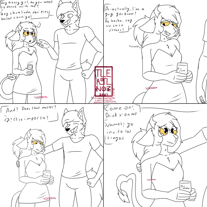 4_panel_comic absurd_res anthro beverage beverage_can bottomwear bovid canid canine canis caprine clothed clothing crossdressing dialogue dress duo femboy goat happy heart_tail hi_res hunter_(tleatlnox59) male mammal pants shirt smile soda t-shirt tail tleatlnox59 topwear watery_eyes wolf yellow_eyes