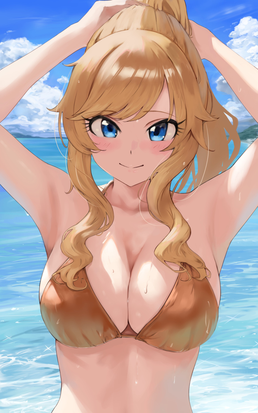 absurdres armpits bare_shoulders bikini blonde_hair blue_eyes blush breasts cleavage collarbone female highres idolmaster idolmaster_cinderella_girls lamp_p9 large_breasts long_hair ocean ohtsuki_yui orange_bikini ponytail smile solo swimsuit tying_hair wavy_hair wet