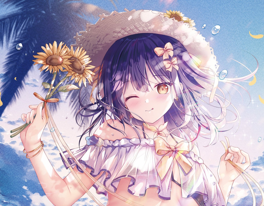 bare_shoulders bikini blush bow brown_eyes brown_hat closed_mouth commentary_request female flower hair_between_eyes hands_up hat holding holding_flower long_hair looking_at_viewer nanami_yuuno one_eye_closed palm_tree petals purple_hair see-through solo sousouman straw_hat sunflower swimsuit tongue tongue_out tree twinbox_school upper_body water_drop white_bikini yellow_bow yellow_flower