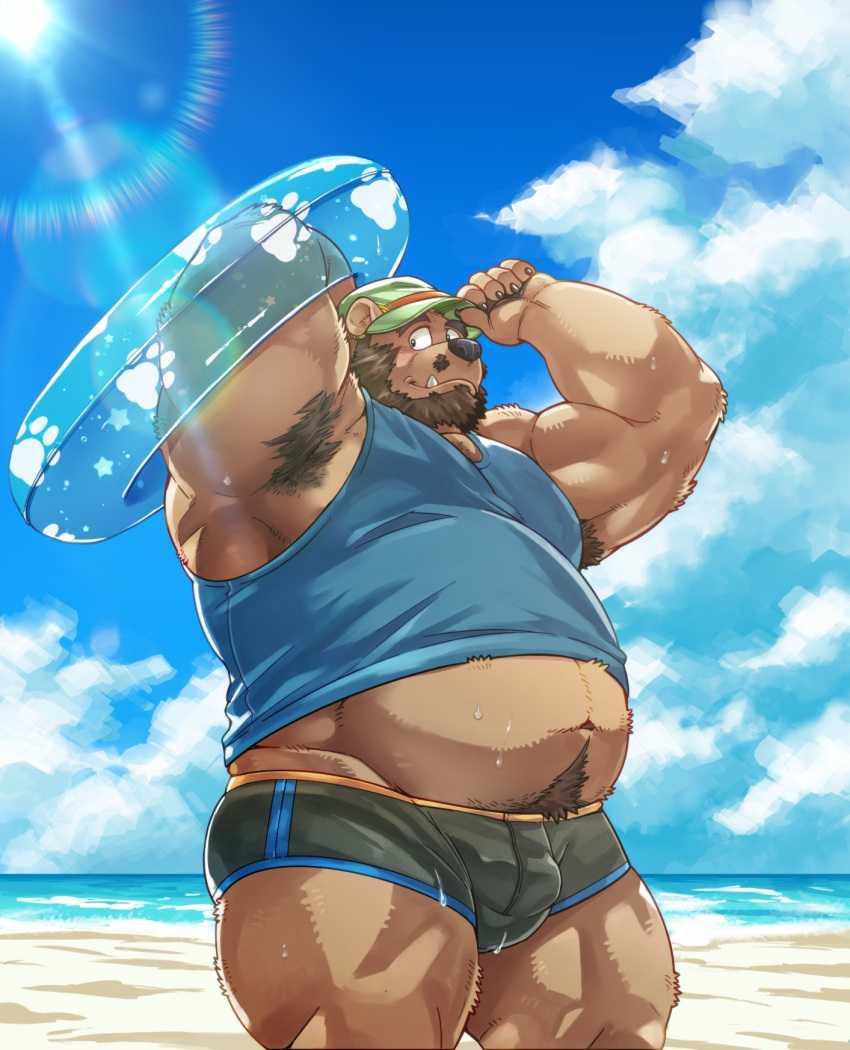 1boy animal_ears arm_up armpits bara beach bear_boy bear_ears beard biceps big_belly black_male_swimwear blue_sky brown_fur bulge clip_studio_paint_(medium) cowboy_shot day excessive_armpit_hair facial_hair fat fat_man full_beard furry furry_male highres innertube kumagayasin large_pectorals male_focus male_swimwear mature_male muscular muscular_male navel navel_hair ocean original outdoors pectorals sand sanpaku sidepec sideways_glance sky solo standing stomach swim_ring thick_beard thick_eyebrows thick_navel_hair thick_thighs thighs three_quarter_view tusks wet_male_swimwear