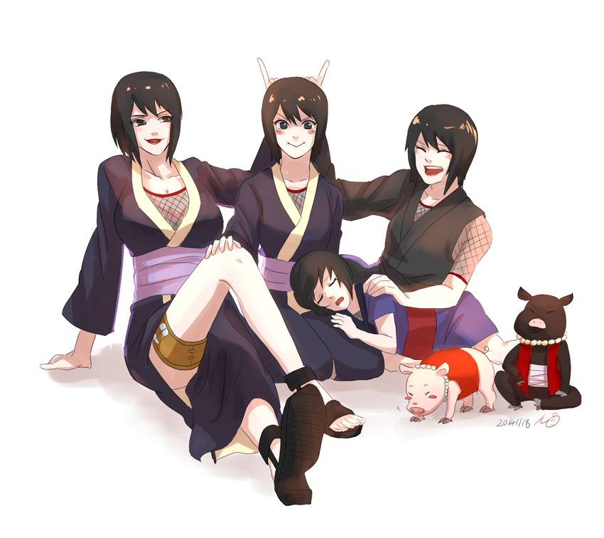 black_hair blush female highres holster legs may_c_(lovemeiko) multiple_persona naruto naruto:_road_to_ninja naruto_shippuuden older shizune_(naruto) sitting smile thigh_holster tonton_(naruto) younger