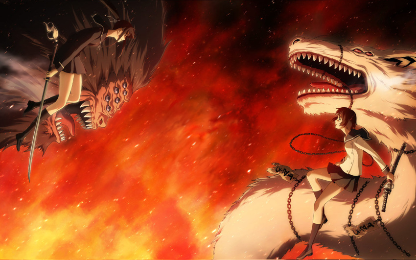 2girls battle chains fire ga-rei ga-rei_zero horiuchi_osamu isayama_yomi multiple_girls photoshop_(medium) ranguren sword tsuchimiya_kagura weapon